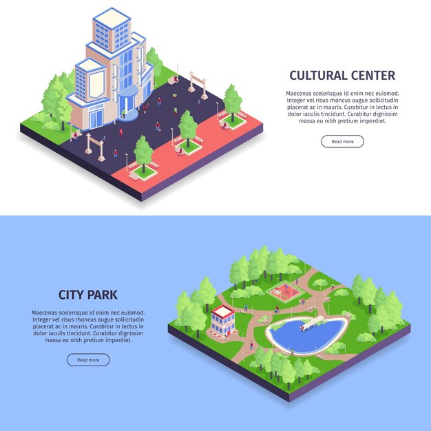 Conjunto isométrico con ilustración de descripciones de centro cultural y parque de la ciudad