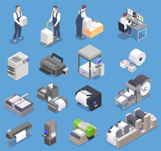 Conjunto isométrico de imprenta con iconos aislados de impresoras para varios formatos de hojas de papel e ilustraciones vectoriales de trabajadores
