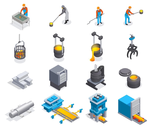 Conjunto isométrico de la industria de fundición metalúrgica con dieciséis íconos aislados de equipos de fábrica de instalaciones de planta e ilustración de vectores de personas
