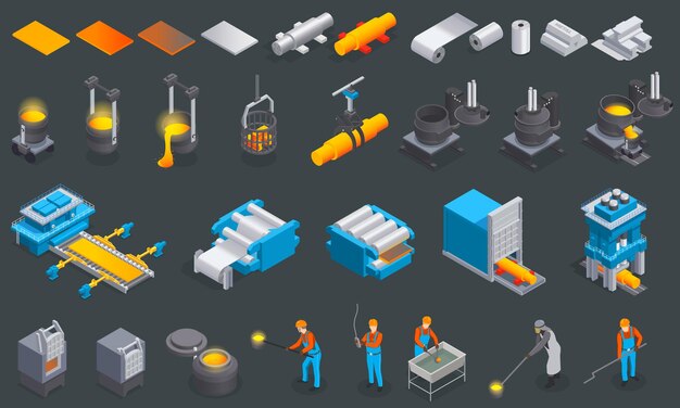 Conjunto isométrico de la industria de fundición metalúrgica con iconos aislados e imágenes de ilustración de vector de maquinaria de equipo de fábrica de producción de metal