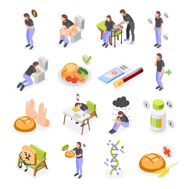 Conjunto isométrico de intolerancia al gluten de iconos aislados con pictogramas personajes humanos productos alimenticios e ilustración vectorial de análisis de sangre
