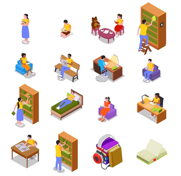Conjunto isométrico de lectura de íconos y personajes aislados de personas lectoras con muebles y estuches de libros ilustración vectorial