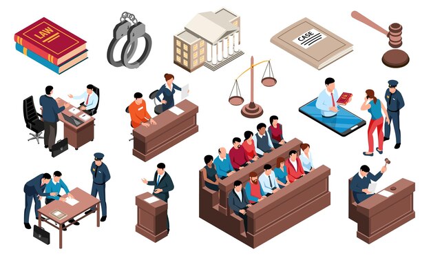 Conjunto isométrico de la ley de justicia criminal con ilustración de vector de mazo de fiscal de abogado de esposas de tribunal de investigación criminal