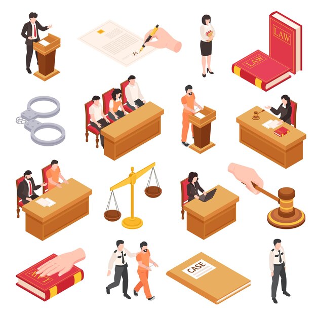 Conjunto isométrico de ley y justicia del juez de juicio con jurado martillo justicia escalas ley código libro esposas ilustración vectorial aislado