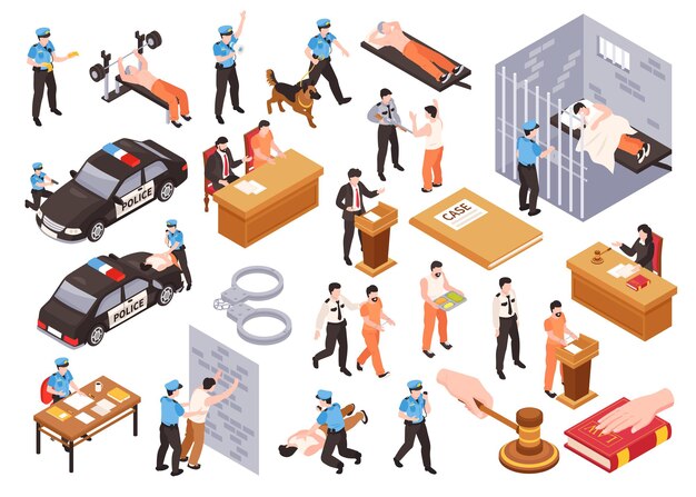 Conjunto isométrico de ley y orden de oficiales de policía en funciones de juez y juicio con jurado en la ilustración vectorial aislada del tribunal