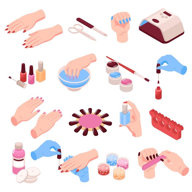 Conjunto isométrico de manicura de manos femeninas y varios accesorios de manicura, incluyendo tijeras, limas de uñas, pinzas, esmalte de uñas, ilustración vectorial aislada