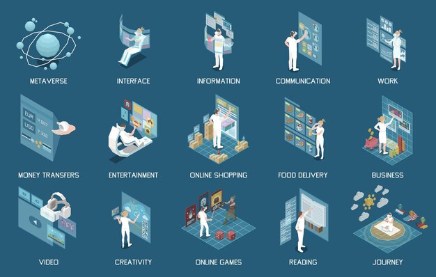 Conjunto isométrico de metaverso con juegos de video de compras en línea de negocios comunicación de trabajo y personajes que usan auriculares de realidad virtual ilustración de vector aislado 3d