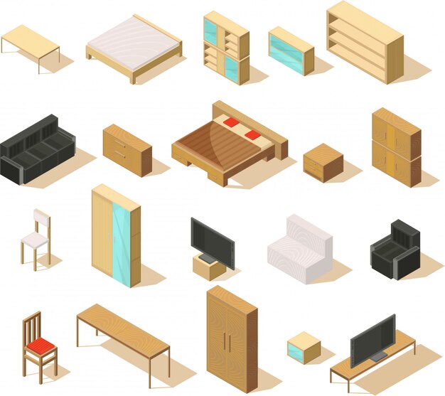 Conjunto isométrico de muebles de elementos aislados con camas dobles sofás sillones sillones mesas de noche y TV ilustración vectorial