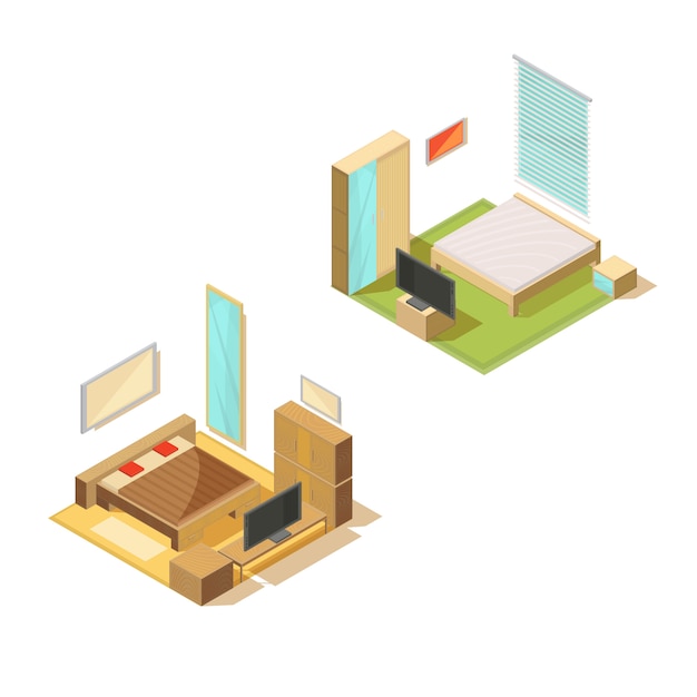 Vector gratuito conjunto isométrico de muebles de interiores de dos habitaciones con cama doble, espejo de tv y mesa de noche, ilustración vectorial