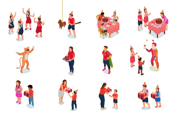 Vector gratuito conjunto isométrico de niños divirtiéndose en la fiesta de cumpleaños ilustración vectorial aislada