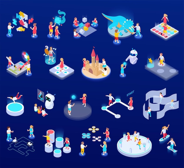 Conjunto isométrico de patio de recreo futurista moderno de iconos de equipos de juego aislados con robots de paneles holográficos e ilustración vectorial de personas