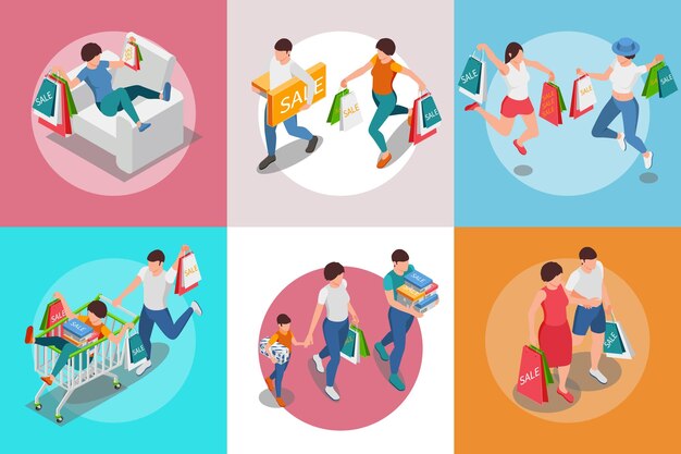 Conjunto isométrico de personas de compras de composiciones redondas con personajes humanos con productos comprados en cajas de bolsas ilustración vectorial