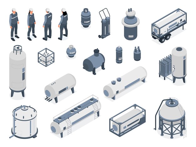 Conjunto isométrico de personas de gas comprimido de iconos aislados con tanques de almacenamiento industriales y personajes de ilustraciones vectoriales de trabajadores