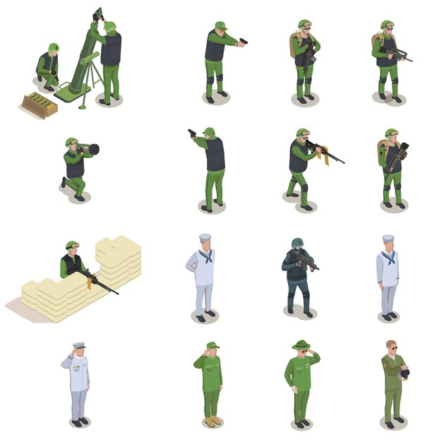 Conjunto isométrico de personas de soldados del ejército de iconos aislados y personajes humanos de personas armadas en ilustraciones vectoriales uniformes