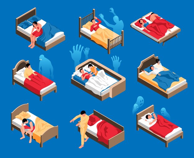 Conjunto isométrico de personas en sus camas que sufren de pesadillas, insomnio y sonambulismo aislado en la ilustración de vector de fondo azul