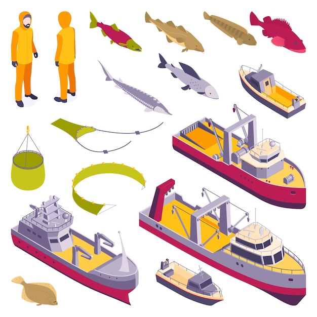 Conjunto isométrico de pesca comercial de barcos de pesca de río, océano y mar, barcos y arrastreros aislados ilustración vectorial