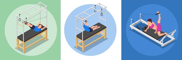 Conjunto isométrico de pilates de tres composiciones redondas con personajes humanos de atletas que practican en ilustraciones de vectores de aparatos gimnásticos