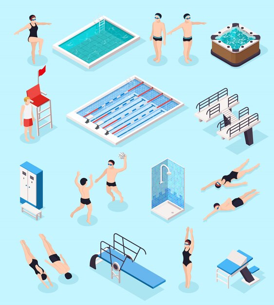 Conjunto isométrico de piscina con equipo, ilustración vectorial aislado