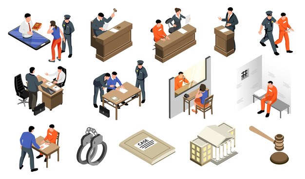 Conjunto isométrico de la prisión legal de abogados de íconos aislados con personajes de abogados policías y personas encarceladas ilustración vectorial
