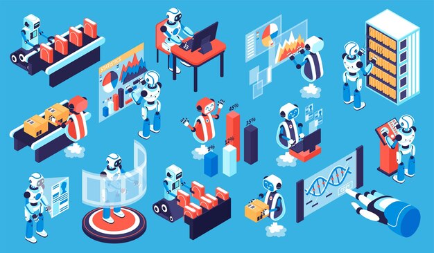 Conjunto isométrico de proceso robótico con símbolos de nueva tecnología ilustración vectorial aislada