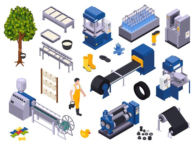 Conjunto isométrico de producción de caucho con íconos aislados de bienes y suministros de trabajadores de fabricación con ilustración de vector de maquinaria industrial