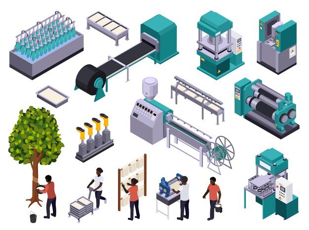 Conjunto isométrico de producción de caucho de iconos aislados con piezas de maquinaria industrial y personajes de trabajadores de fabricación ilustración vectorial
