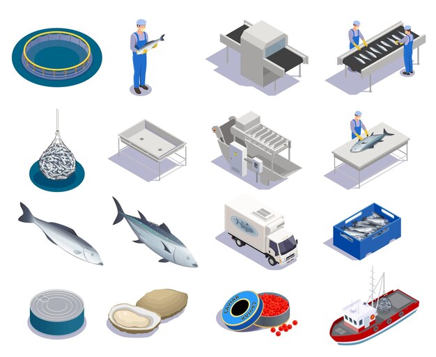 Conjunto isométrico de producción de mariscos de la industria pesquera con íconos aislados de productos marinos y transportadores con ilustraciones vectoriales de personas