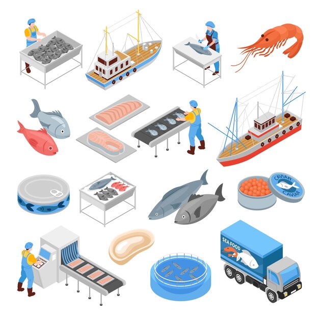 Conjunto isométrico de producción pesquera de buques transportadores de camiones de entrega de alimentos marinos para procesar productos de pescado ilustración vectorial aislada