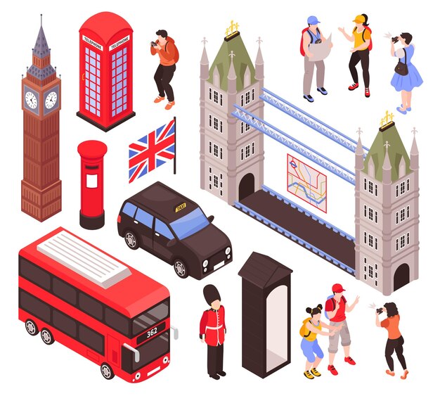 Conjunto isométrico de puntos de referencia de Inglaterra con símbolos tradicionales de la arquitectura y la cultura del estado británico ilustración vectorial aislada
