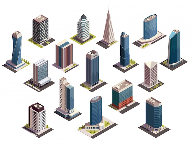Vector gratuito conjunto isométrico de rascacielos de la ciudad de imágenes aisladas con aspecto al aire libre de edificios modernos en la ilustración de fondo en blanco