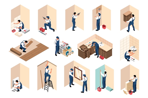 Conjunto isométrico de remodelación de renovación de reparación de apartamentos con paredes de baño de mosaico, instalación de ventanas de pisos, papel tapiz colgante, ilustración vectorial