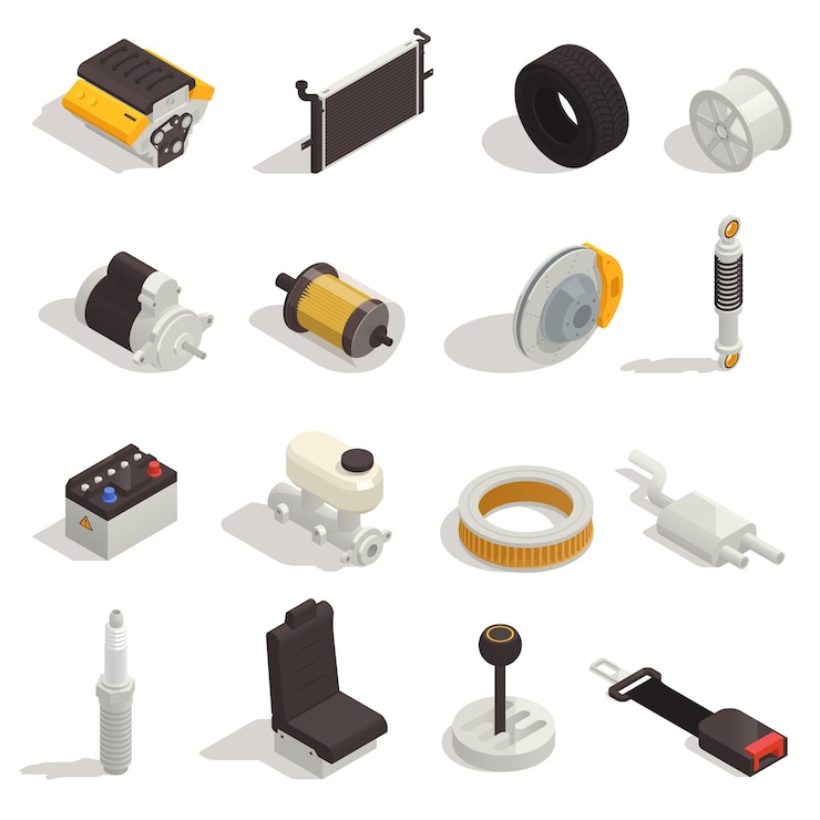 Vector gratuito conjunto isométrico de repuestos para automóviles con filtro de aire del motor, transmisión, tubo de escape, radiador, ilustración vectorial aislada