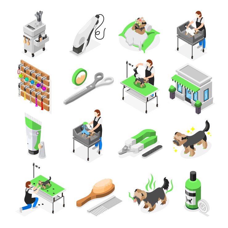 Vector gratuito conjunto isométrico de salón de aseo de iconos aislados con herramientas para lavar el recorte cuidando la ilustración de vector de mascotas