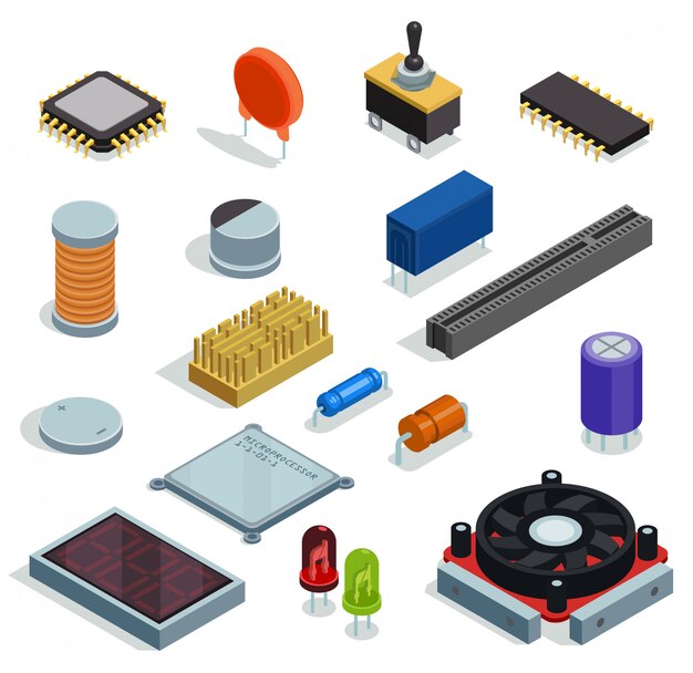 Conjunto isométrico de semiconductores de microchip microprocesador diodo transistor condensador resistencia resistencia ranura elementos aislados