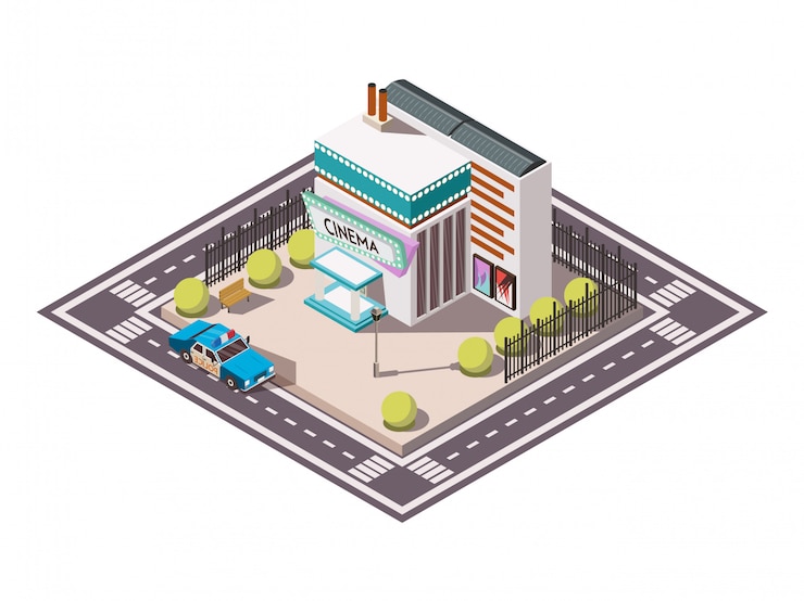 Vector gratuito conjunto isométrico del servicio de rescate con un coche de policía cerca del cine ilustración vectorial 3d