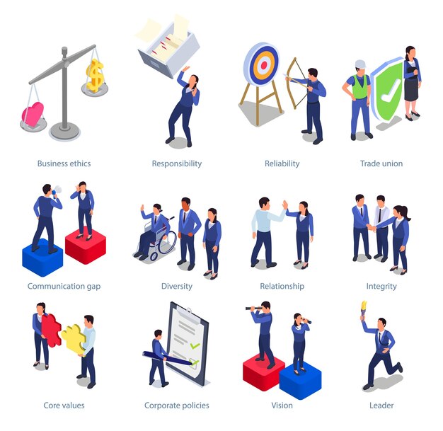 Conjunto isométrico de símbolos de concepto de cultura corporativa como ética empresarial e ilustración vectorial aislada sindical