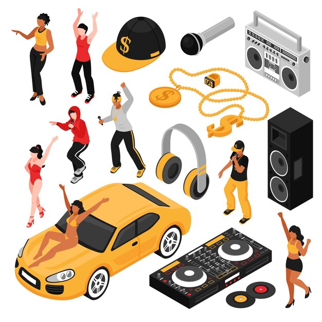 Conjunto isométrico de símbolos de la cultura de la música rap con cantantes intérpretes accesorios retro, así como reproductor de cassette aislado