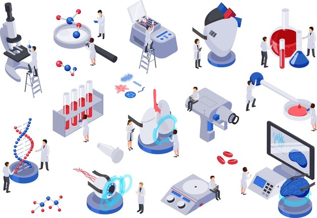 Conjunto isométrico de tecnología futura con iconos aislados y personajes humanos con ilustración de vector de equipo de laboratorio de moléculas de tubos de ensayo