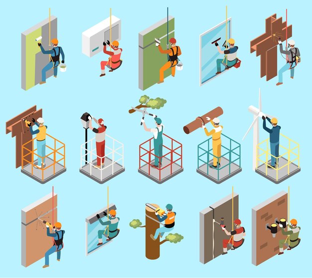 Conjunto isométrico de trabajo en altura de personas que trabajan en el campo del alpinismo industrial ilustración vectorial aislada