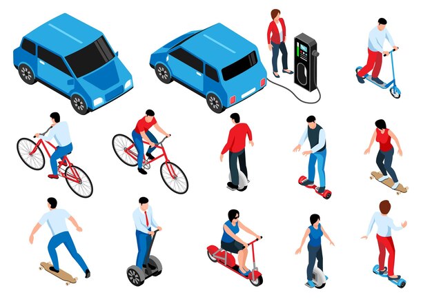 Conjunto isométrico de transporte ecológico de personas en bicicleta eco scooter segway gyro skateboard longboard ilustración vectorial aislada
