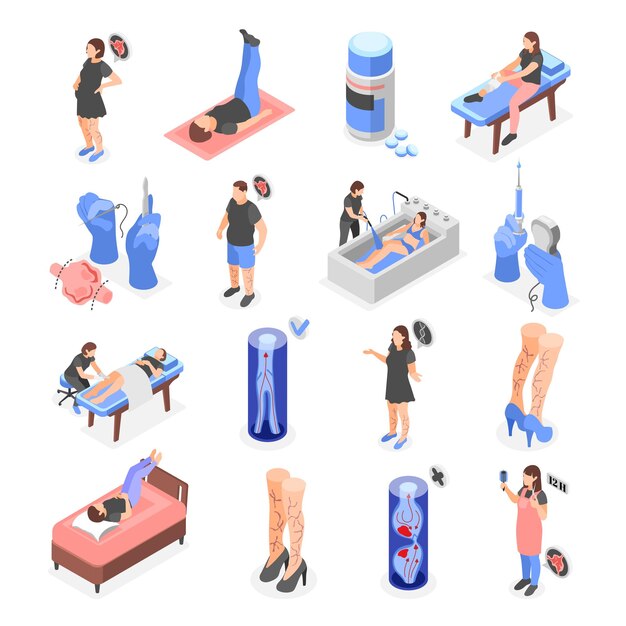 Conjunto isométrico varicoso de iconos aislados con caracteres humanos de ejercicios de síntomas de pacientes y suministros médicos ilustración vectorial