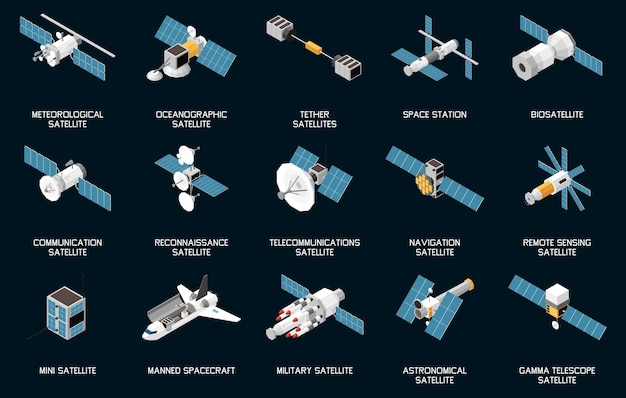 Vector gratuito conjunto isométrico de varios tipos de satélites y naves espaciales aisladas sobre fondo negro ilustración vectorial 3d