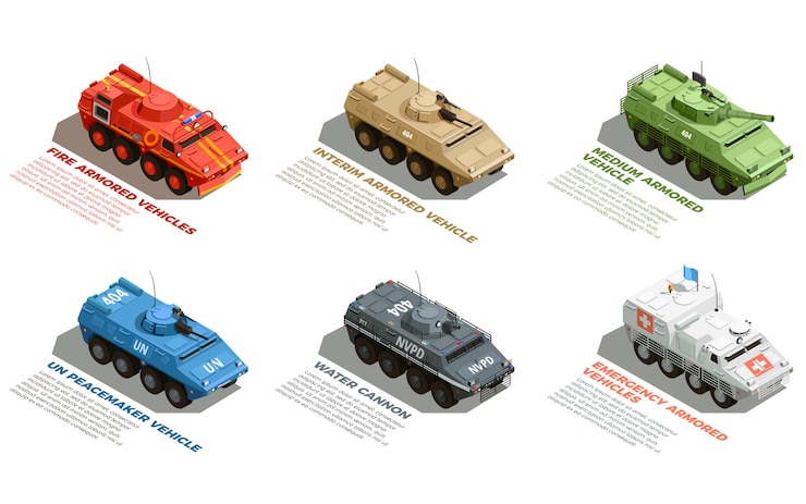 Vector gratuito conjunto isométrico de vehículos militares del ejército
