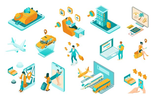 Conjunto isométrico de viaje con personas que planean vacaciones usando el apartamento de boletos de avión de reserva en línea en la ilustración de vector de coche de taxi de hotel