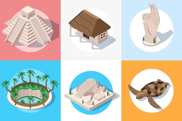 Conjunto isométrico de viajes de Yucatán de composiciones redondas con íconos de puntos de referencia con ilustración de vector de hombre y tortuga apedreado