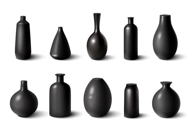 Conjunto de jarrones de porcelana de cerámica negra brillante ilustración vectorial aislada realista