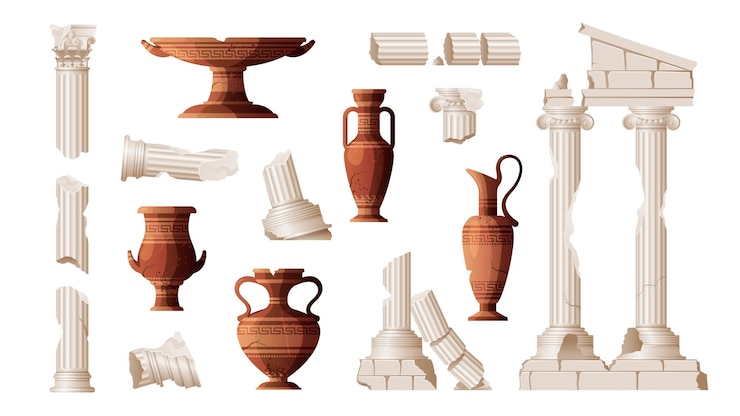 Vector gratuito conjunto de jarrones de ruinas antiguas de iconos aislados con ánforas de tarros griegos y piezas de columnas rotas ilustración vectorial