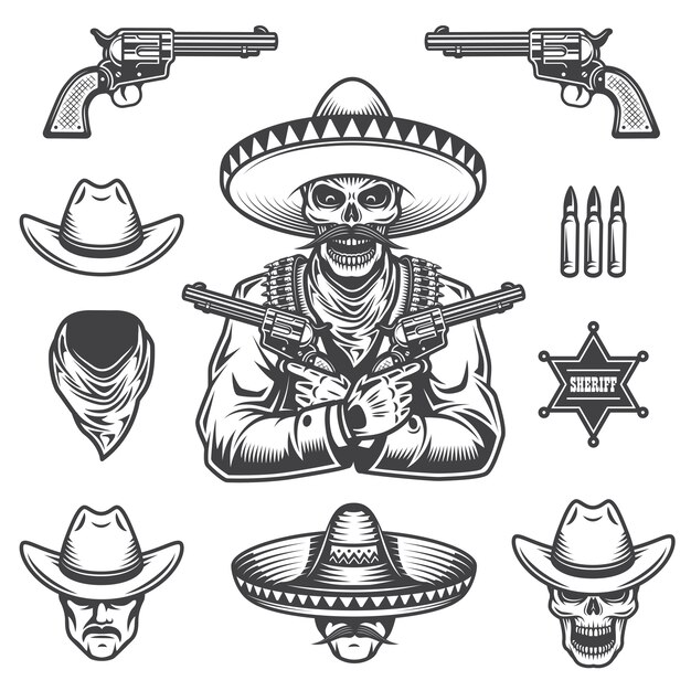 Conjunto de jefes y elementos de sheriff y bandidos. Estilo monocromático