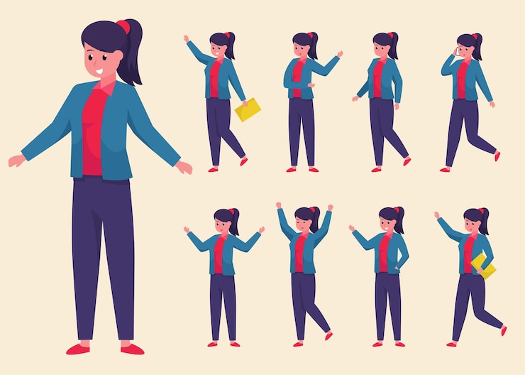 Vector gratuito conjunto de joven empresaria vistiendo traje y pantalón en postura diferente, personaje de dibujos animados