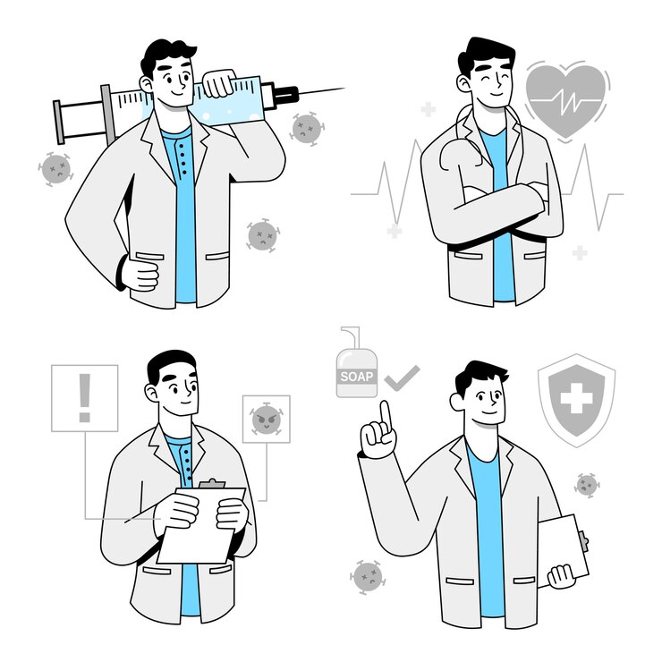 Conjunto de joven médico con diferentes acciones en obras en vector de dibujos animados
